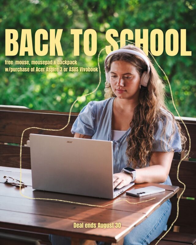 Don’t worry, we’ve got all your school needs covered🫰🏼
Until August 30th, purchase an Acer Asipre 3 or Asus Vivobook & get a mouse, mousepad & backpack for free!
Oh! And not only that, get a free screen protector or case with the purchase of any phone.
& if you don’t need a new laptop or phone, hit us up for your smartwatch, tablet, or headphone needs 🤝🏻
Happy back to school! 📚🎉